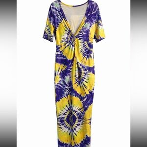 Tie-Dye Yellow & Purple Twist-Front Maxi Dress Body Con